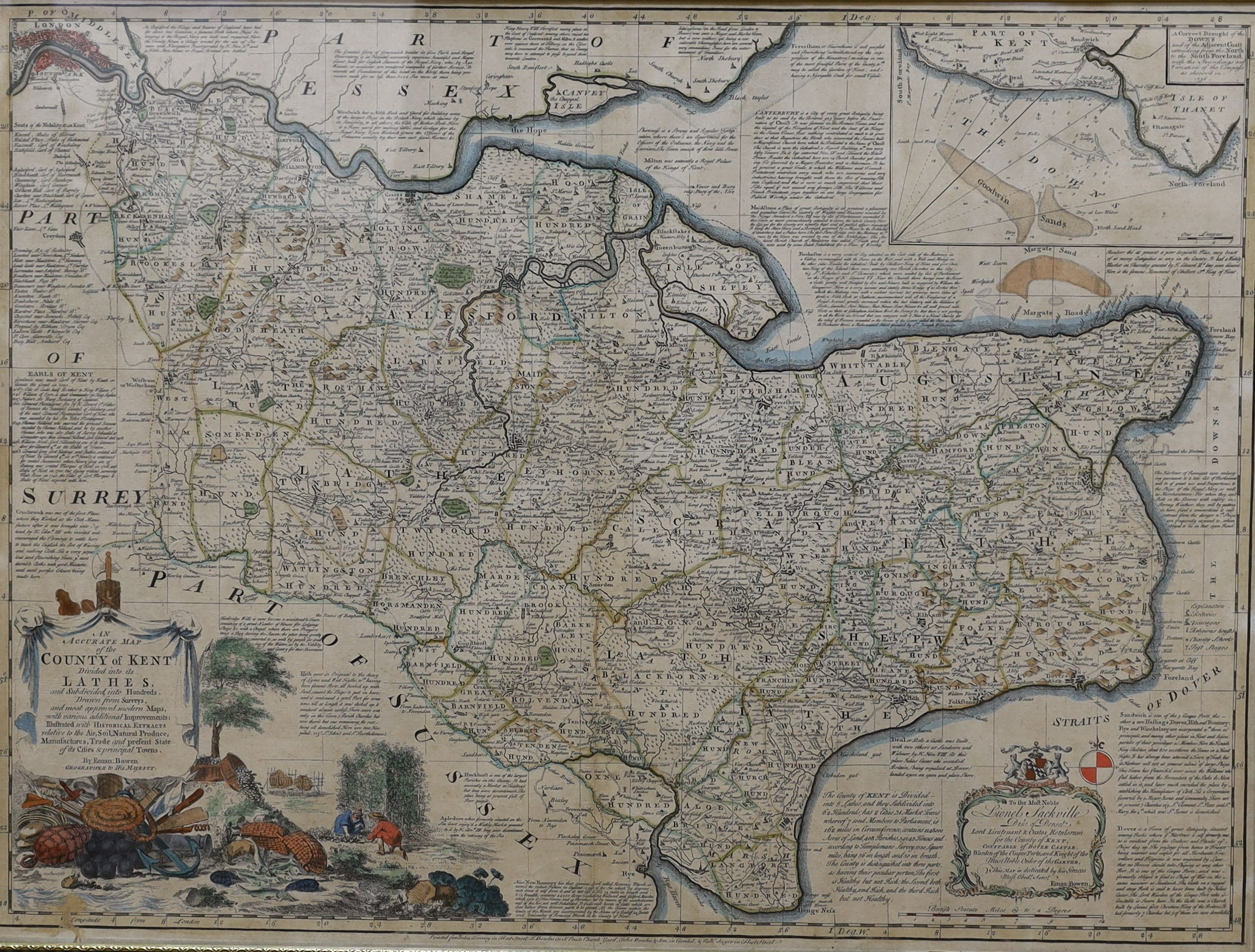 Emmanuel Bowen, coloured engraving, Accurate map of the County of Kent, 53 x 71cm and a Kip coloured engraving of Sundridge Place and a reprinted map of Kent